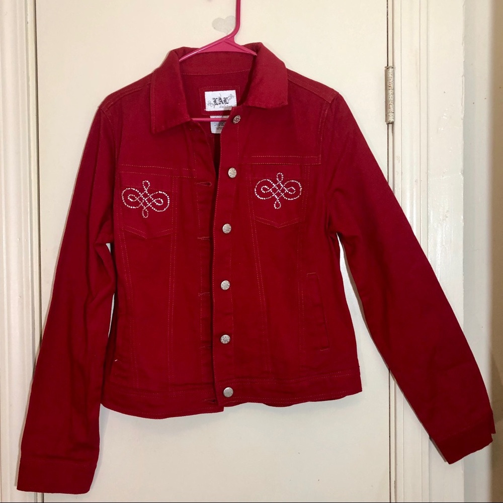 Live A Little Red Denim Jean Bling Pocket Jacket M